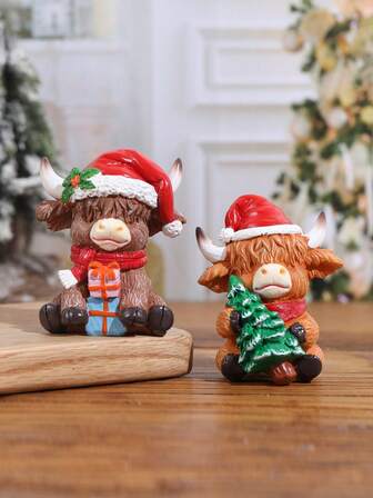 1pc Resin Christmas Highland Cattle, Christmas Ornaments, Home Decoration Ornaments, Christmas Gifts