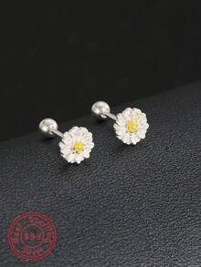 1pair Cute S999 Sterling Silver Sunflower Stud Earrings Suitable For Girls Beautiful Sweet Earrings For Daily Wear