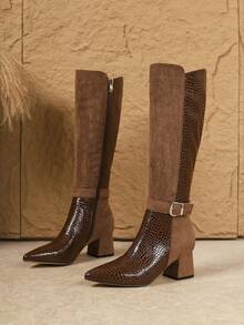 Fall/Winter Sexy Fashion Buckle Decor Pointed Toe Chunky High Heel Casual Versatile Side Zipper Coffee Knee-High Boots For Women - Coffee Brown - View 7