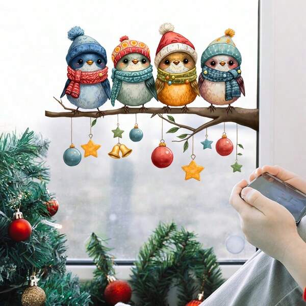 Adesivo de Natal Festivo com Pássaro e Sino para Janela - Adesivo de Plástico Autoadesivo com Gorro de Papai Noel, Cachecol e Árvore para Decoração de Sala de Estar e Quarto, Adiciona um Toque Alegre à Sua Casa, Decorações de Natal, Adesivos de Parede, Adesivos Decorativos para Casa, Decorações de Natal