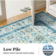 Zentavio Washable Area Rugs 2x3 Door Mat Entryway Vintage Floral Non-Slip Low Pile Entrance Thin Rug Carpet For Kitchen Bathroom Living Room Blue