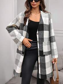 Nowy damski kardigan w czarno-białą kratę, swobodny, wygodny, ciepły i uniwersalny wełniany płaszcz z kieszeniami, odpowiedni na jesienno-zimowe codzienne dojazdy do pracy