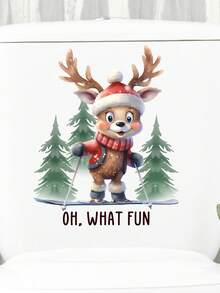 1 pieza Adorable pegatina de reno navideño - Decoración festiva para baño, inodoro y pared con gorro de Papá Noel, regalos y acentos de acebo, calcomanía de plástico autoadhesiva para decoración del hogar, decoraciones navideñas, pegatinas de pared