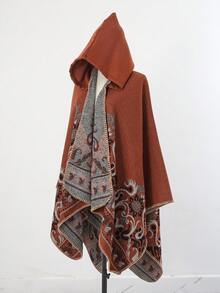 1pc Women's Fashionable Jacquard Hooded Poncho Shawl, Suitable For Daily Wear