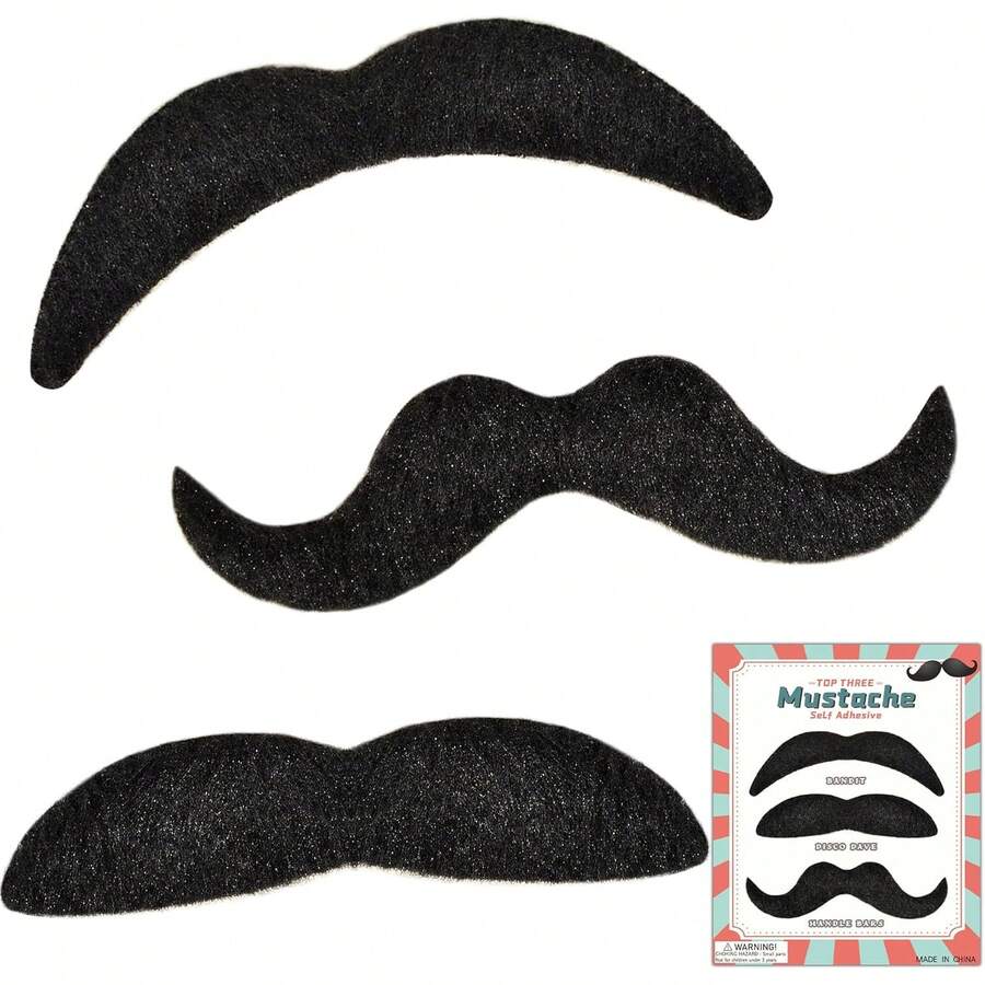 3PCS Mustache Self Adhesive, Stick On Mustache Costume, Halloween Party Beard Costume Accessory Adults (Black) - 1 - View 1
