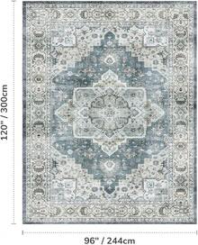 Washable Area Rug 5x7 - Soft Faux-Wool Area Rug Living Room Bedroom, Boho Vintage Floral Medallion Non-Slip Low Pile, Pet Friendly, Blue White - 藍灰色/米色 - 查看 2
