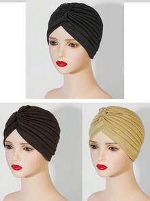 Conjunto de turbante de mujer con textura arrugada y tono sólido - Duo de tocado ajustable inspirado con forro transpirable, envoltorio bohemio y gorras de capa base para comodidad y versatilidad de estilo durante todo el día, gorro para dormir - Multicolor - Ver 11