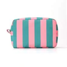 1 pieza Bolsa de maquillaje de lona a rayas con asa superior, organizador de artículos de tocador de viaje para mujeres - Neceser de cosméticos minimalista para usar en el baño o la maleta - Multicolor - Ver 8