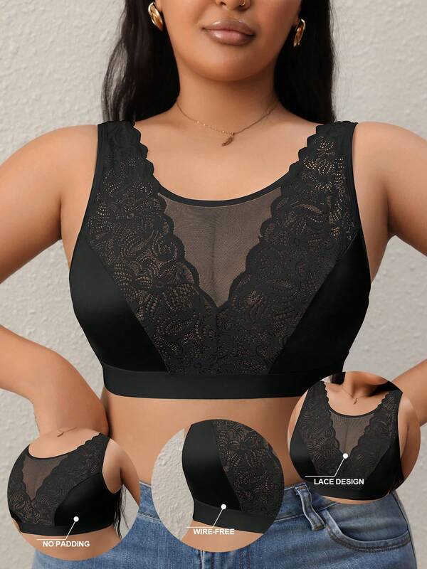 1pc Plus Size Sexy Lace Patchwork Breathable Wireless High-End Fashion Elegant Bra