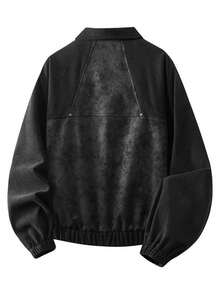 Men's Vintage Leather Lapel Jacket Japanese Retro Workwear Casual Top - 黑色 - 查看 2