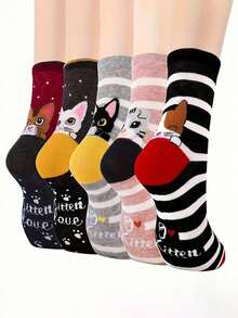 5 Pairs Women's Funny Socks, Adorable Cat Themed Socks, Great Gifts For Cat Lovers, Unique & Quirky, Soft & Comfortable Crew Socks, Suitable For Girlfriends, Spring/Autumn/Winter