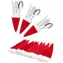 10 piezas de 6cm x 12cm Fundas rojas de felpa para cuchillo y tenedor de Papá Noel, decoración de mesa festiva para Navidad, accesorios de cocina y comedor para todo el año