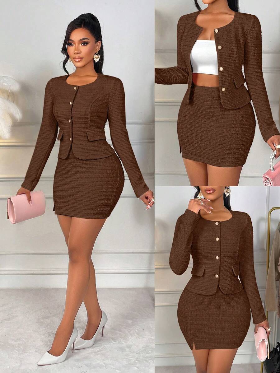 AIJ Amarilo Women's Elegant Solid Color Square Collar Metal Button Blouse And Midi Skirt 2-Piece Set, Suitable For Daily Wear, Autumn/Winter Spring - Brown - View 1