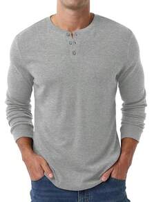 Men's Henley Long Sleeve Casual Classic Button Pullover Tee - Styles - Gray - View 4