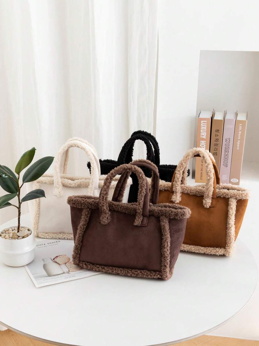 女士毛绒斜挎包手提包，秋冬新款时尚优雅可爱柔软仿麂皮托特包大容量单肩包，可调节肩带，是女性休闲外出和日常使用的完美礼物 - 彩色 - 查看 1