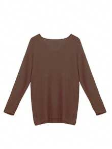 Casual Versatile Solid Color V-Neck Knit Drop Shoulder Sweater - Brown - View 2