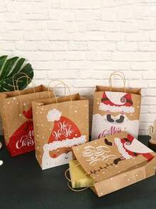 25pcs Christmas Gift Bags, Kraft Paper Bags, Printed Christmas Gift Bags With Handles, Portable Christmas Gift Bags For Mother/Father/Sister/Grandpa, Christmas & New Year Gift Packaging