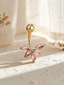 1pc Fashionable Stainless Steel Leaf Shaped Zirconia Belly Button Ring For Women - Gold Pink - View 4