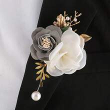 1 件男女通用韩式玫瑰和米色山茶花胸针，适合新郎、新娘、伴郎、伴娘、婚礼、派对、商务活动、花卉翻领别针配饰 - 銀軍綠+米 - 查看 1