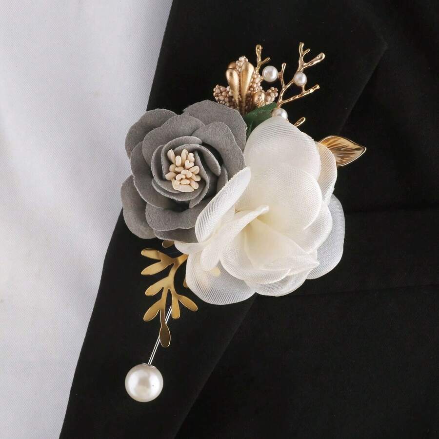 1 件男女通用韩式玫瑰和米色山茶花胸针，适合新郎、新娘、伴郎、伴娘、婚礼、派对、商务活动、花卉翻领别针配饰 - 銀軍綠+米 - 查看 1