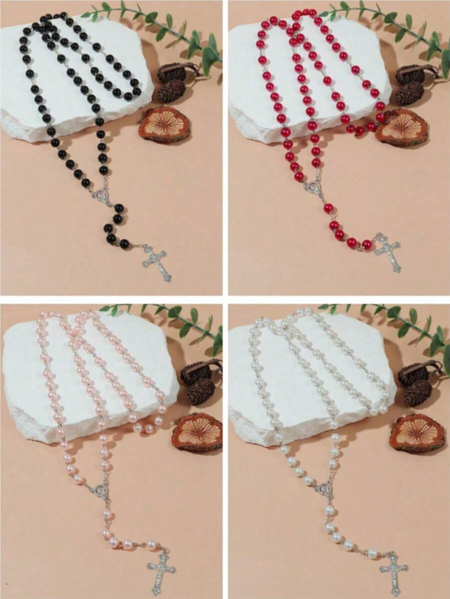 1pc Black & Pink Round Bead & Faux Pearl & Cross Pendant Necklace, Simple Style Sweater Chain