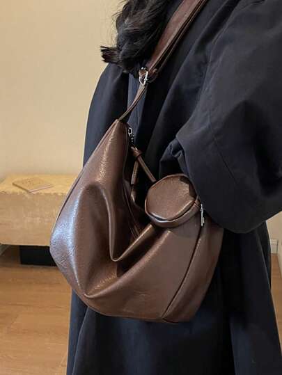 Maillard 色时尚休闲女士斜挎单肩包，带零钱包，柔软 PU 皮革，适合日常通勤