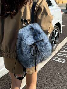 新款秋冬大容量蝴蝶结装饰毛绒背包，时尚休闲通勤包女士 - 藍色 - 查看 2