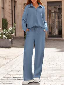 Women's 2 Piece Outfits Casual Lapel Half Zip Sweatshirts And Wide Leg Pants Tracksuit Sets Vacation Spring  Fall Outfits For Women - 灰藍色 - 查看 1