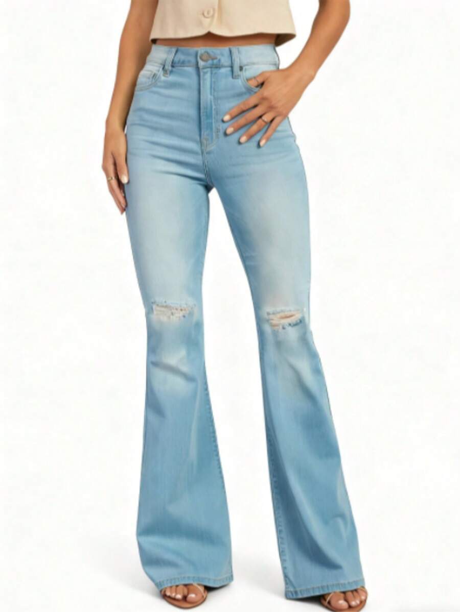 Women's Light Blue High Waisted Flare Jeans With Artistic Ripped Detailing, Premium Denim Fabric, Exuding A Vintage Modern Fusion Charm, Ideal For Both Street Style Strutting And Sophisticated Social Occasions