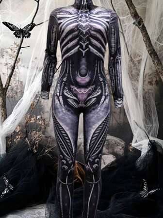 1 Piece Women Sexy Slimming Goth Skeleton Horror Ghoul 3D Digital Print Jumpsuit For Halloween, Christmas, Cosplay Parties, Festivals