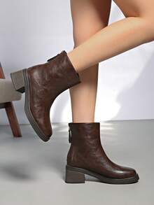 Fall/Winter Chelsea Boots For Women, Leather Upper, Chunky Heel, Square Toe, Thermal Lining, Elastic, Slim Fit, Ankle Boots - Brown - View 6