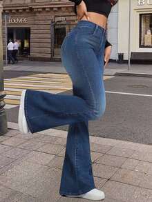 Jeans Acampanados de Tiro Alto para Mujer - Pantalones de Campana de Denim Elástico Azul Marino Elegante con Diseño Clásico de Cinco Bolsillos, Tejido de Poliéster Cómodo para Uso Diario - azul - Ver 1