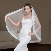 1pc Short Lace Trim Faux Pearl Decorated Bridal Veil, Elegant & Sophisticated Wedding Accessory Valentine's Day Accessories - White - View 2