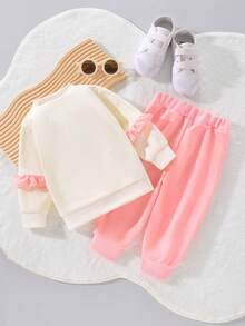 Baby Girl Clothes For Toddlers Fall And Winter Clothes Ruffled Crew Neck Bow Pullovers Sweatshirts Jogging Pantsuit Sets - Apricot - View 2