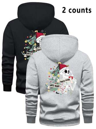2 piezas Sudadera con capucha talla grande para hombres, impresión de esqueleto y árbol de Navidad en negro y gris, forro térmico, gruesa, uso casual para Navidad
