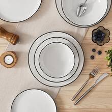 MALACASA 12/16/18/24-Piece White Porcelain Dinner Plate Set With Black Rim And Curved Edge, Including Dinner Plates, Dessert Plates, Pasta Bowls, And Bowls, For 4/6 People - White - 白色 - 查看 4