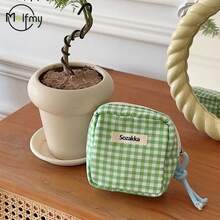 1 pieza Bolsa de cosméticos mini a cuadros de color caramelo para almacenamiento de toallas sanitarias, billetera, bolsa de aseo, bolsa de viaje de gran capacidad para maquillaje para mujeres