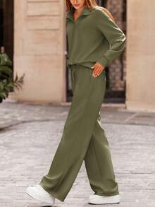 Women's 2 Piece Outfits Casual Lapel Half Zip Sweatshirts And Wide Leg Pants Tracksuit Sets Vacation Spring  Fall Outfits For Women - 軍綠色 - 查看 5
