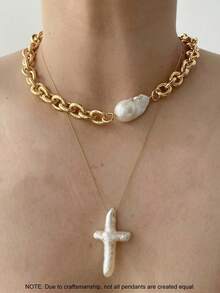 1pc Minimalist Elegant Luxury Asymmetrical Cultured Faux Pearl Cross Stainless Steel Waterproof Pendant Necklace, Suitable For Women's Daily, Party, Vacation, Banquet Wear, Great Gift For Mother, Wife, Girlfriend, Birthday, Christmas