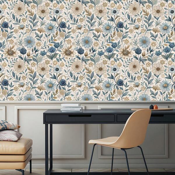 لفة واحدة من ورق الحائط اللاصق ذو الزهور الزرقاء الرجعية، ورق حائط نباتي رجعي، 17.32 * 196.85 بوصة، ورق حائط لاصق قابل للإزالة ومقاوم للماء، ديكور منزلي فيني، ديكور غرفة الفن الخريفي، مناسب لديكور غرفة المعيشة وغرفة النوم والمطبخ والحمام، ديكور المكتب والسكن الجامعي، تجديد المكتب، ورق حائط أنيق بطراز المزرعة، سهل التركيب