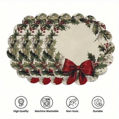 6 piezas/4 piezas/1 pieza Manteles individuales redondos para decoración de fiesta de Navidad - Con notas musicales, lazo rojo y diseño de guirnalda, material de lino de 15 pulgadas, antideslizante, resistente al calor, lavable a máquina, manteles individuales redondos para decoración de fiesta navideña de 15 pulgadas de diámetro, decoraciones de fiesta, cocina, restaurante, decoraciones de mesa de Navidad, adecuados para fiestas, cocinas, restaurantes, decoraciones navideñas, recuerdos de fiesta, decoraciones navideñas