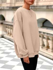 Women Crewneck Sweatshirt For Oversized Long Sleeve Pullover Tops Winter Fall Outfits   Clothing - Màu Khaki - Xem 4