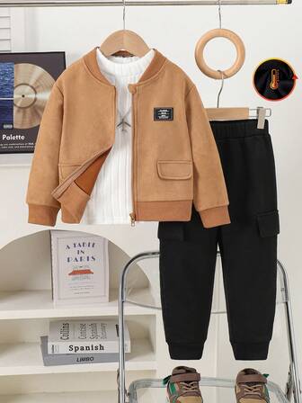 2pcs/Set Young Boys Solid Color Faux Pocket Zipper Fleece Jacket + Casual Thin Fleece Pants Set