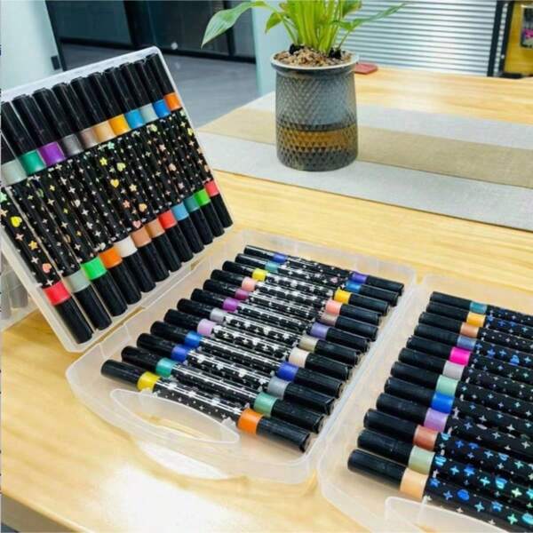 1 Set Of 12/24 Glitter Pens, Shiny Drawing Soft Tip Pens, Dual-Tip Multi-Color DIY Painting Brushes, Drawing Art, Adult & Kids Coloring Glitter Markers, Multi-Color High-Quality Drawing Set, Elegant Gift