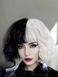 1pc Fashion Curly Wig, Suitable For Ladies' Carnival Party Performance, Medium Length, Black And White Color - Fits Various Holiday Party Cosplay