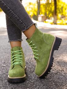 Giày bốt cổ ngắn nữ màu trơn, mũi tròn, buộc dây, đế dày, gót chunky, thời trang, đa năng, thoải mái, phong cách cho mùa thu/đông. - xanh nhạt - Xem 4