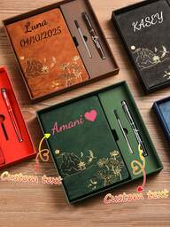 Customized Text/Logo A5 Notebook Gift Set, Includes Notebook + Pen + Refill + Gift Box. Notebook And Pen Can Be Customized With Your Desired Text. Available In Single Notebook Or Set. Exquisite Landscape Embossed Faux Leather Notebook, Meeting Notebook, Memo Pad. Skin-Feel And Color-Changing PU Material Cover, 100 Pages Inside, Unique Cover Pattern.,Christmas Gift Supplies