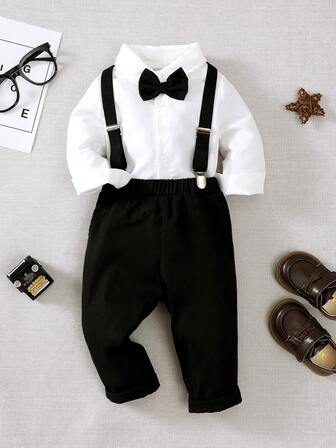BrownBark Baby Boys Gentleman Style Outfit, Casual Long Sleeve Shirt & Suspender Pants Set, Suitable For Spring/Autumn, Birthday Party, Evening Party, Performance, Wedding, 1st Birthday Celebration, Daily Wear