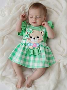 Baby Girl Summer Clothes Bear Short Sleeve Romper Dress Plaid One-Piece Bodysuit With Headband Infant Girl Outfit - màu xanh lá - Xem 2