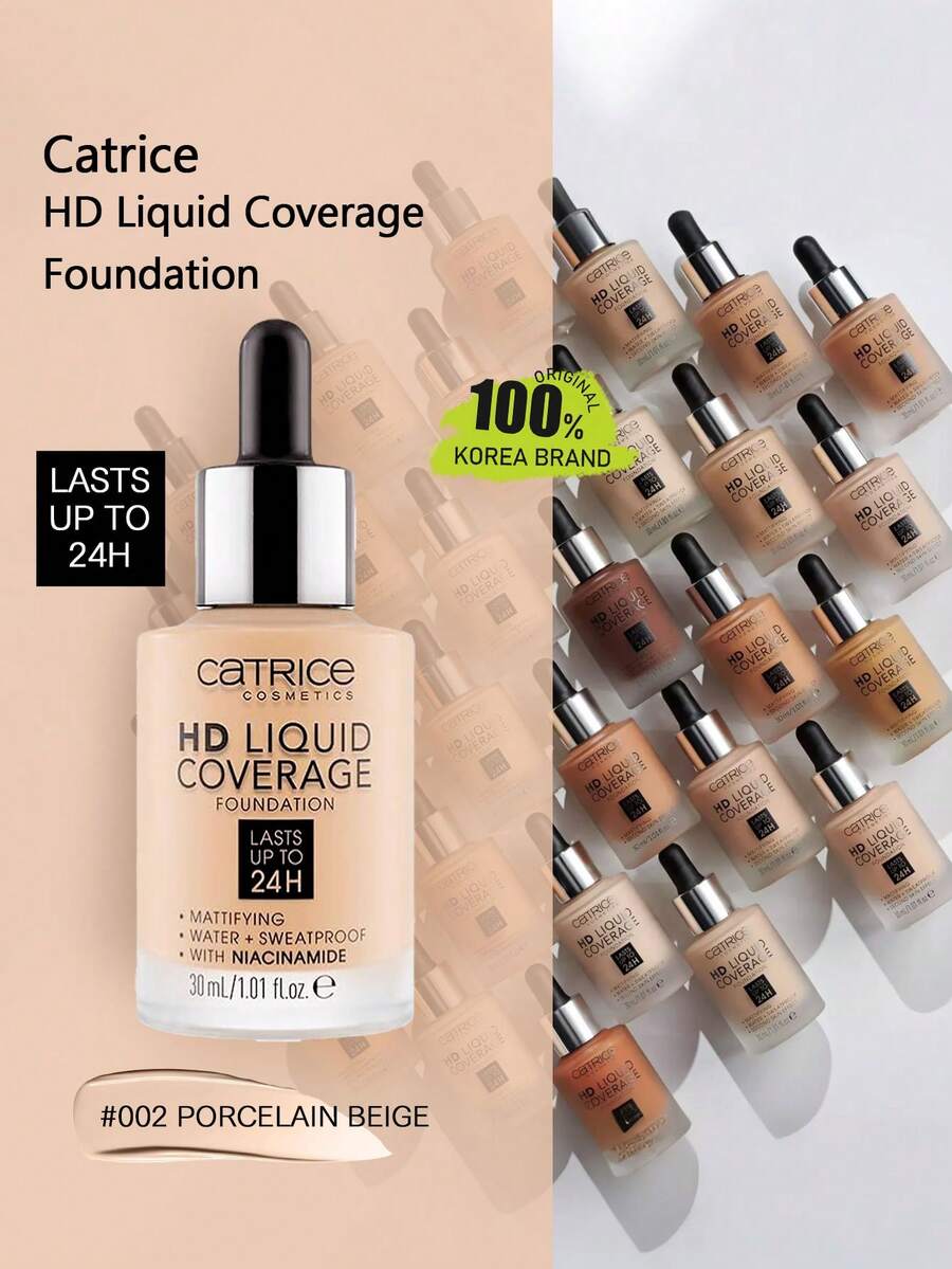 Catrice HD Liquid Coverage Foundation 002，轻盈液体，液体质地，自然遮瑕，面部遮瑕，均匀肤色，日常通勤，自然妆容，轻盈全效遮瑕，30ml/1.01 Fl.Oz。 - 002 - 查看 1